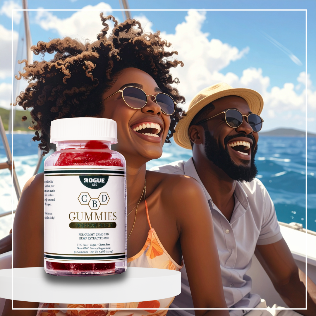 Two people on a boat with a bottle of Rogue CBD Gummies in the foreground.